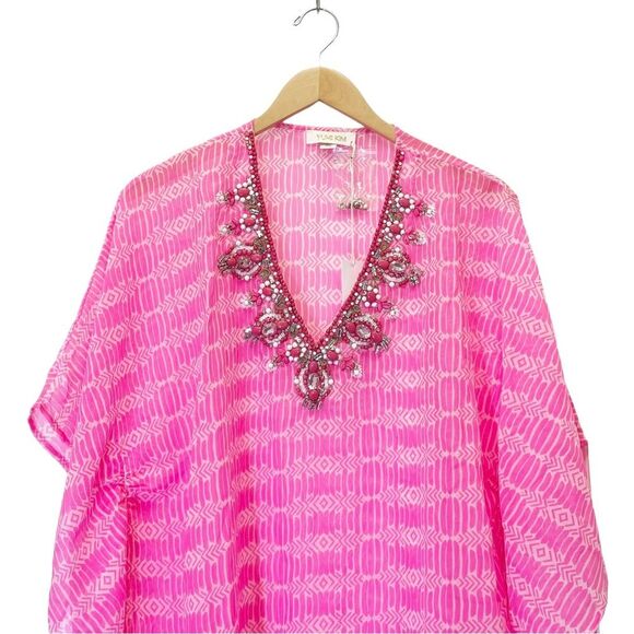 NWT Yumi Kim Maze Cover Up Jeweled Beaded Cinched Kaftan Hot Pink Sheer Size M/L - Picture 5 of 16